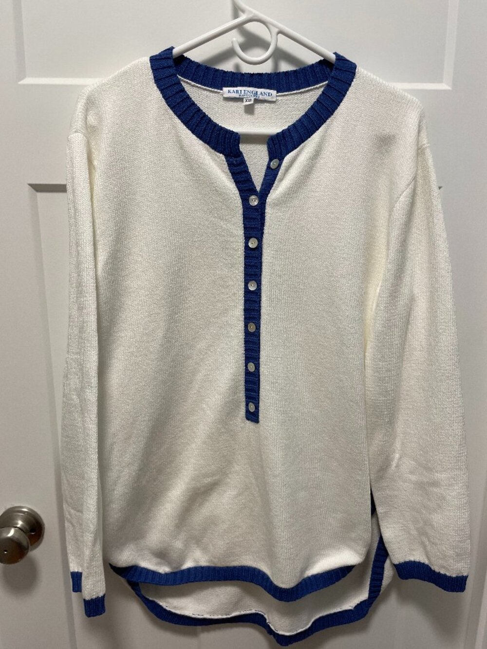 Kari England Nantucket Knit Henley Sweater Coastal White Trim Nautical XXL